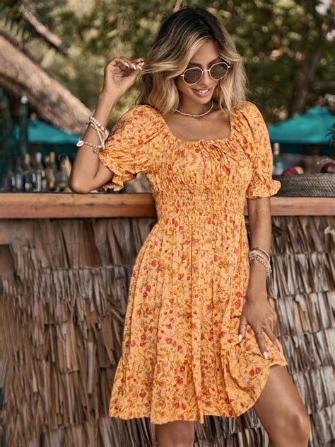 Shein Vcay Ditsy Floral Print Knot Front Puff Sleeve Dress Shein Uk