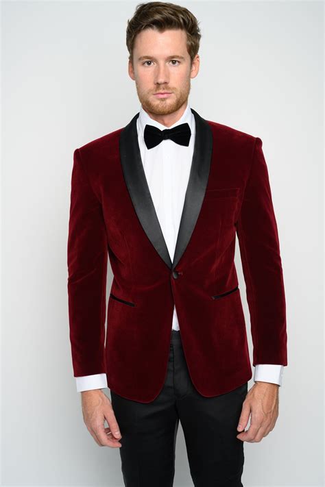 Men S Slim Fit Velvet Shawl Lapel Tuxedo Jacket Burgundy Etsy