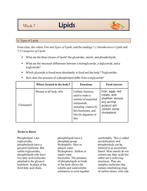 Week07 Study Guide Types Of Lipids From Class The Videos Fats And