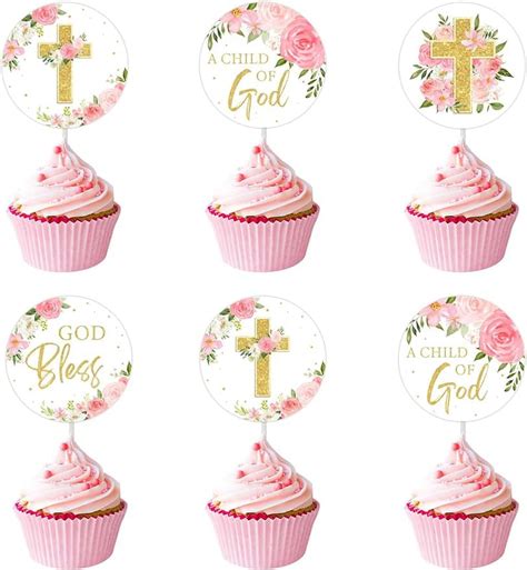 36 PCS Baptism Cupcake Toppers Pink Gold God Bless Cross Cupcake Picks