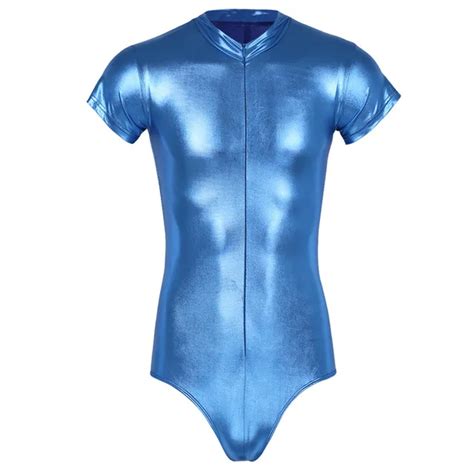 Sexy Gay Mens Wetlook One Piece Patent Leather Body Suit Short Sleeves