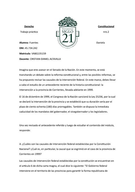 Trabajo Practico N Derecho Constitucional Trabajo Pr Ctico Nro