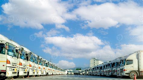 Fleet of trucks parked at parking lot yard of delivery company. Truck ...