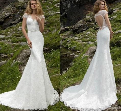 New Arrival Lace Sexy Mermaid Wedding Dresses Cap Sleeve V Neck Beaded Sash Backless Bridal