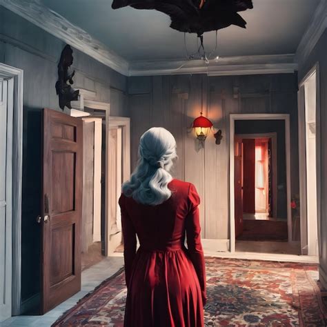 Premium Photo Ghost Of Blonde Widow In Red Dress Standing On The Carpet In The Hallway Looking