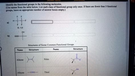 Solved Identify The Functional Groups In The Following Molecules Use Names From The Table