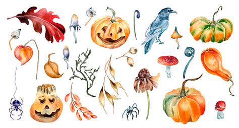 Clipart Of Halloween Colorful Plants Watercolor Illustration Isolated On White Background