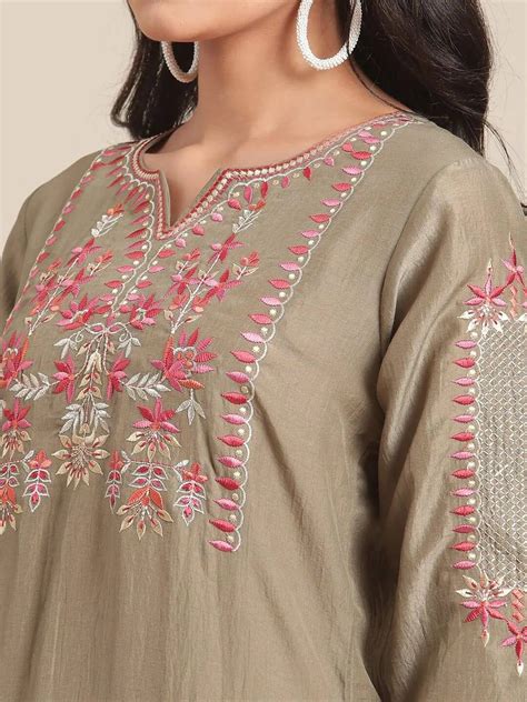 Olive Green Floral Yoke Embroidery Work Kurta With Trouser And Dupatta