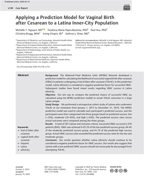 Pdf Applying A Prediction Model For Vaginal Birth After Cesarean To A