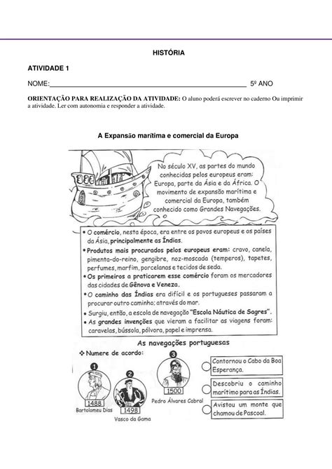 5º ANO HISTÓRIA ATIVIDADES EXPANSÃO MARÍTIMA DA EUROPA Cuca