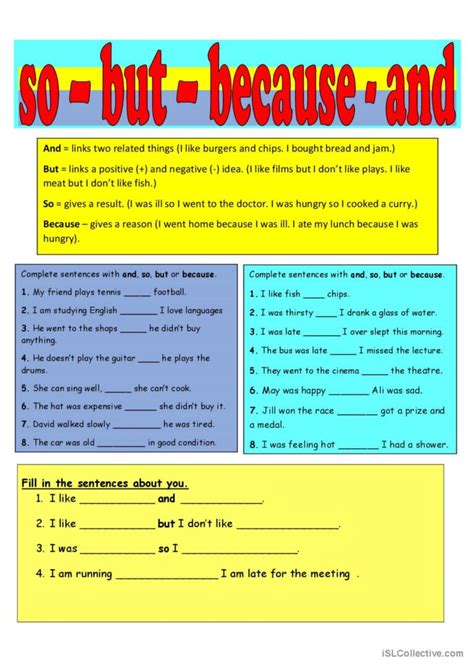 Conjunctions So But Because And English ESL Worksheets Pdf Doc