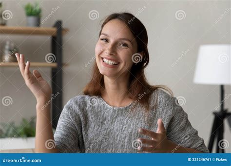 Head Shot Portrait Smiling Attractive Woman Blogger Speaking At Camera