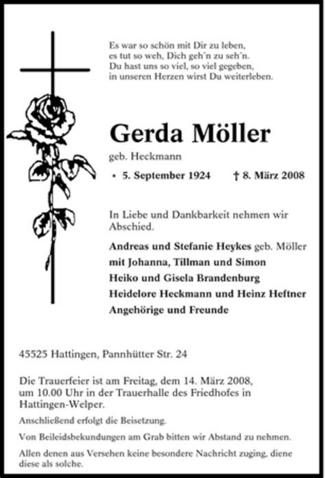 Traueranzeigen von Gerda Möller Trauer in NRW de