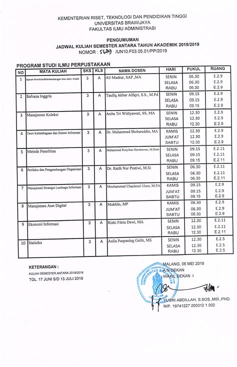 Jadwal Semester Antara Sa T A Program Sarjana Fia Ub