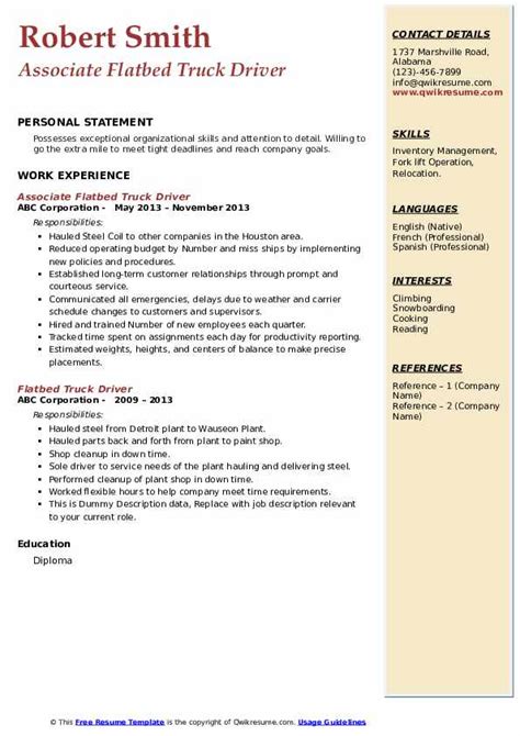 Flatbed Truck Driver Resume Samples Templates For