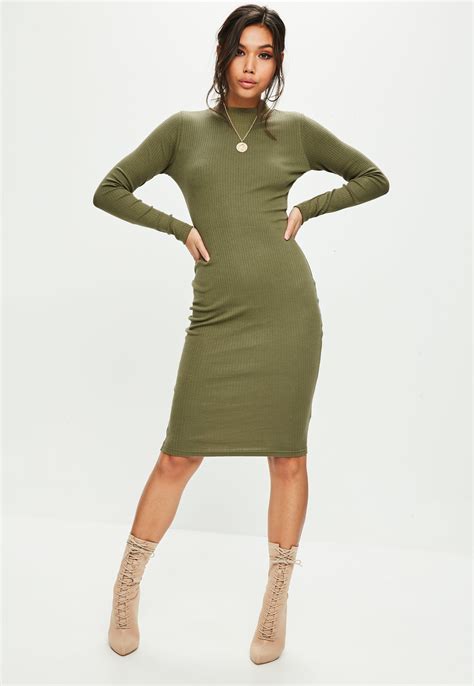 Lyst Missguided Khaki High Neck Midi Dress In Green