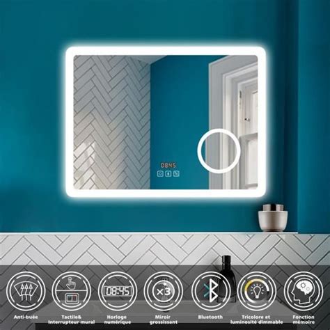 OCEAN Miroir Lumineux 100 X 60 Cm Loupe 3x Avec Horloge Bluetooth 3