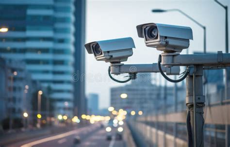 Close Up Of Two Surveillance Cameras Monitoring Traffic On Busy City