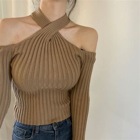 Sexy Off Shoulder Knitted Sweater Long Sleeve Cross Neck Plain Women