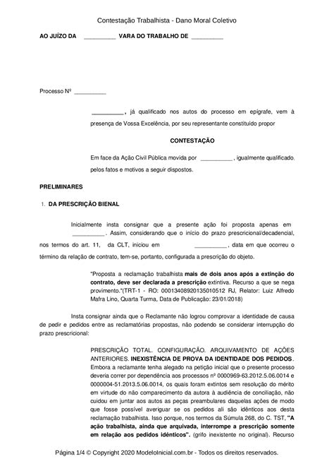 Modelo Contesta O Trabalhista Dano Moral Coletivo