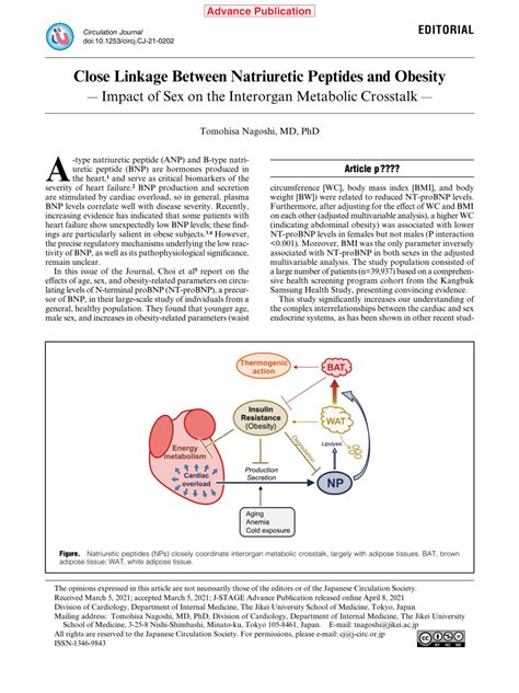 Pdf Close Linkage Between Natriuretic Peptides And Obesity ― Impact Of Sex On The Interorgan