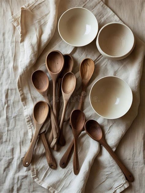 Artisan Crafted Wooden Spoons and Ceramic Bowls on Natural Fabric ...