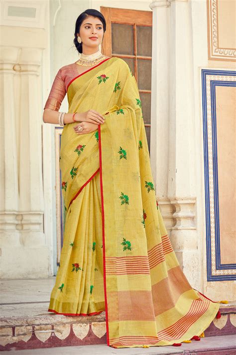 Buy Canary Yellow Linen Saree Online Karagiri