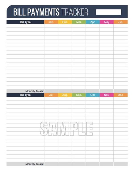 Bill Payments Tracker Printable Editable Personal Finance