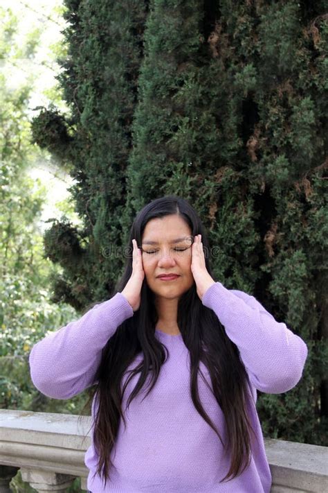 40 Year Old Latina Woman Suffers From Allergy Headache Stock Image Image Of Plus Frustration