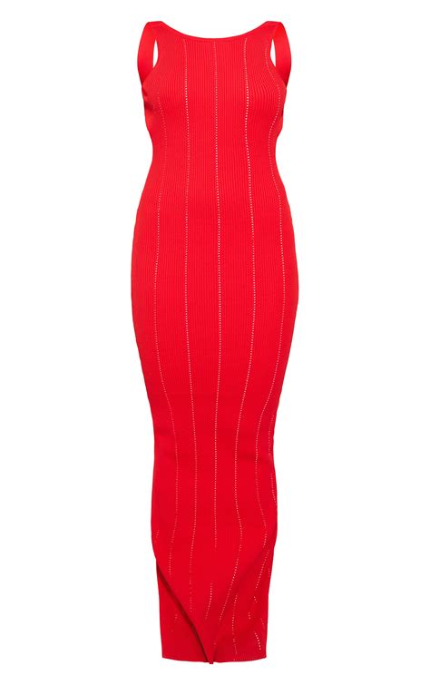 Red Textured Rib Knit Low Back Ruched Maxi Dress Knitwear Prettylittlething Usa