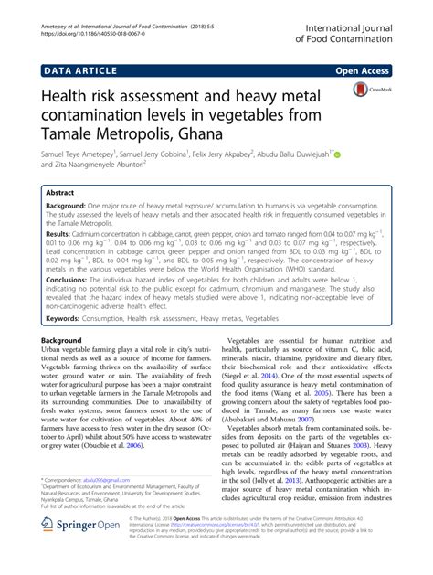 Pdf Health Risk Assessment And Heavy Metal Contamination Levels In