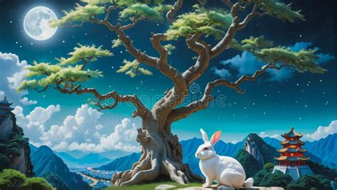 Ilustración De Un Conejo Blanco Sentado Bajo Un árbol Grande Mirando a