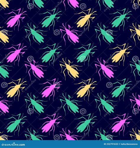 Vector Seamless Pattern Of Pink Green Yellow Small Mosquitos Beetles