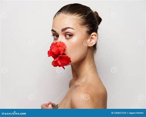 Pretty Woman Naked Shoulders Red Flower Cosmetics Stock Photo Image