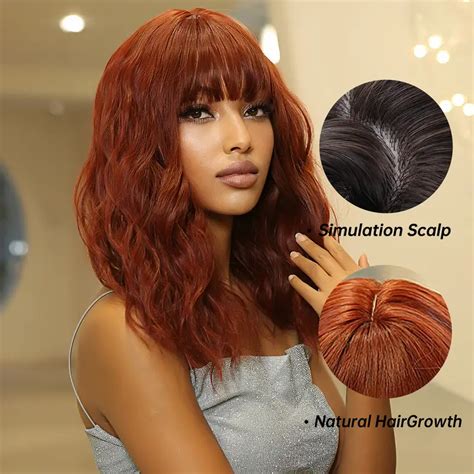 Short Bob Wavy Wig Bangs Women Bob Wavy Ombre Wine Red Wig Temu