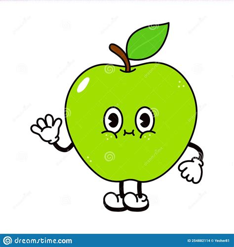 Cute Funny Green Apple Waving Hand Character Vector Hand Drawn Traditional Cartoon Vintage