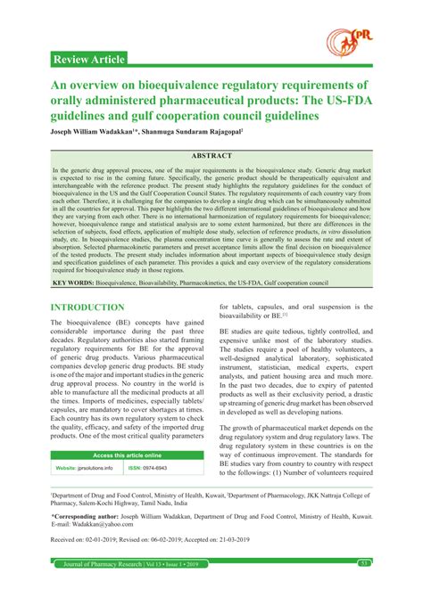 Pdf An Overview On Bioequivalence Regulatory Requirements Of Orally