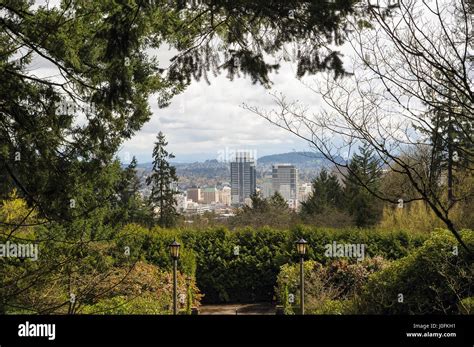 Portland Oregon Downtown City View From Washington Park In Spring