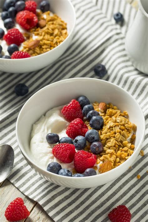 Healthy Organic Greek Yogurt with Granola and Berries Stock Photo ...