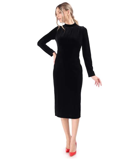 Rochie Midi Din Catifea Elastica Neagra Negru Yokko