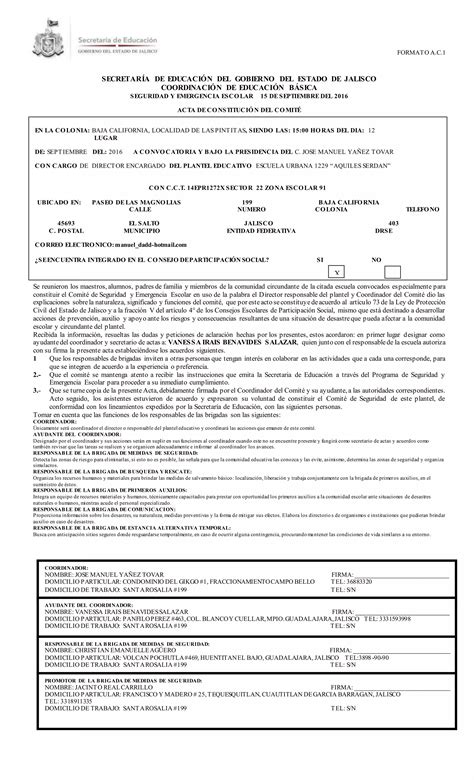 Acta De Constituci N Del Comit De Seguridad Y Emergencia Escolar