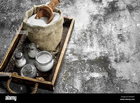 Salt In An Old Bag On A Tray On Rustic Background Stock Photo Alamy