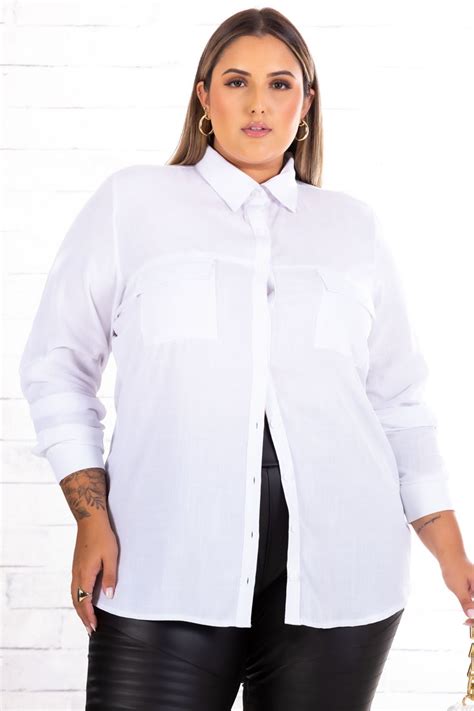 Camisa Plus Size Manga Longa Branca Vk Moda Plus Size