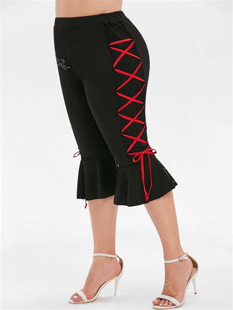 55 OFF Plus Size Cropped Lace Up Flare Leggings Rosegal