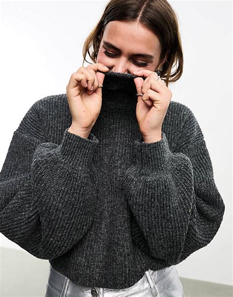 Monki Cropped High Neck Sweater In Dark Gray Melange Asos