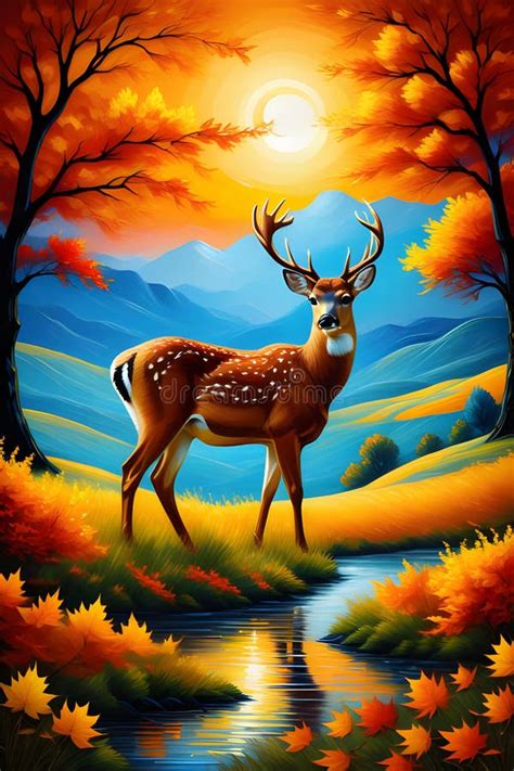 Acrylic Painting of a Deer in a Breathtaking Field, with Flower, Little River, Sunset, Autumn ...