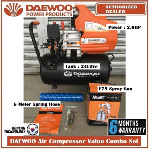Daewoo DAC24D Air Compressor 2hp 24Litre 8Bar with 6meter Spring hose ...