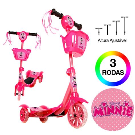 Patinete de Menina Minnie 3 Rodas Brinquedo Criança Led Submarino