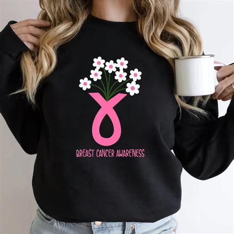 Flower Jar Pink Ribbon Breast Cancer Awareness Month Women T Shirt