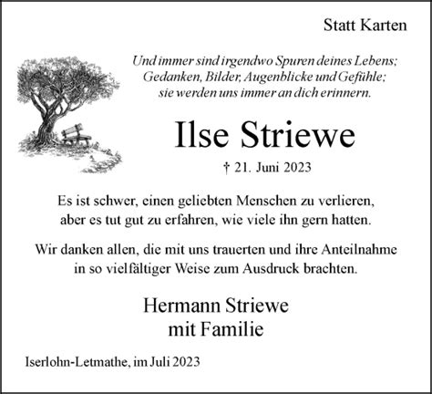 Traueranzeigen Von Ilse Striewe Trauer In Nrw De